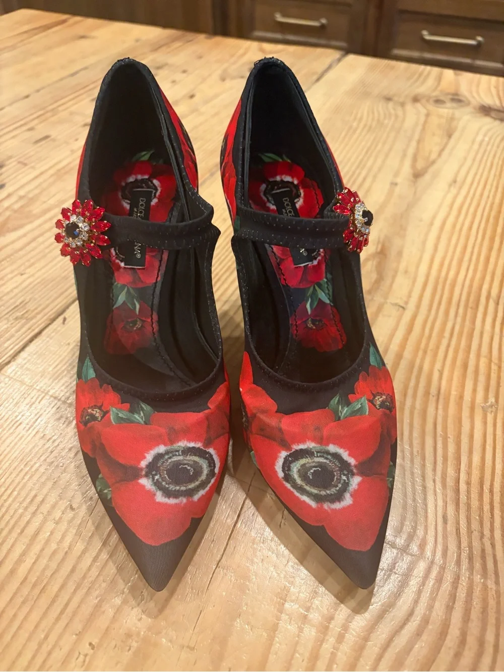 Dolce & Gabbana Black and Red Floral Mary Jane Stiletto Heels with Jewel Accent